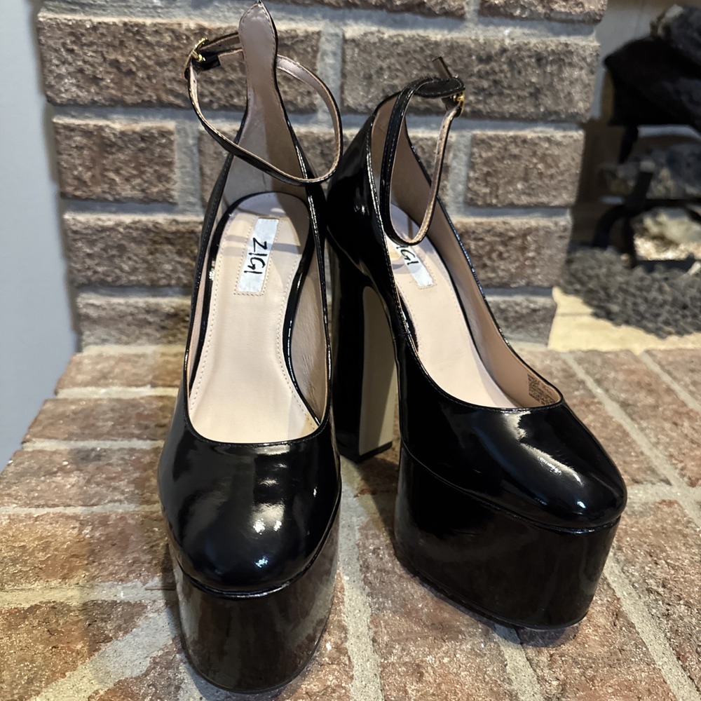 ZIGI Nikole Ankle Strap Platform Pump Patent Leather Black Size 6.5 #773